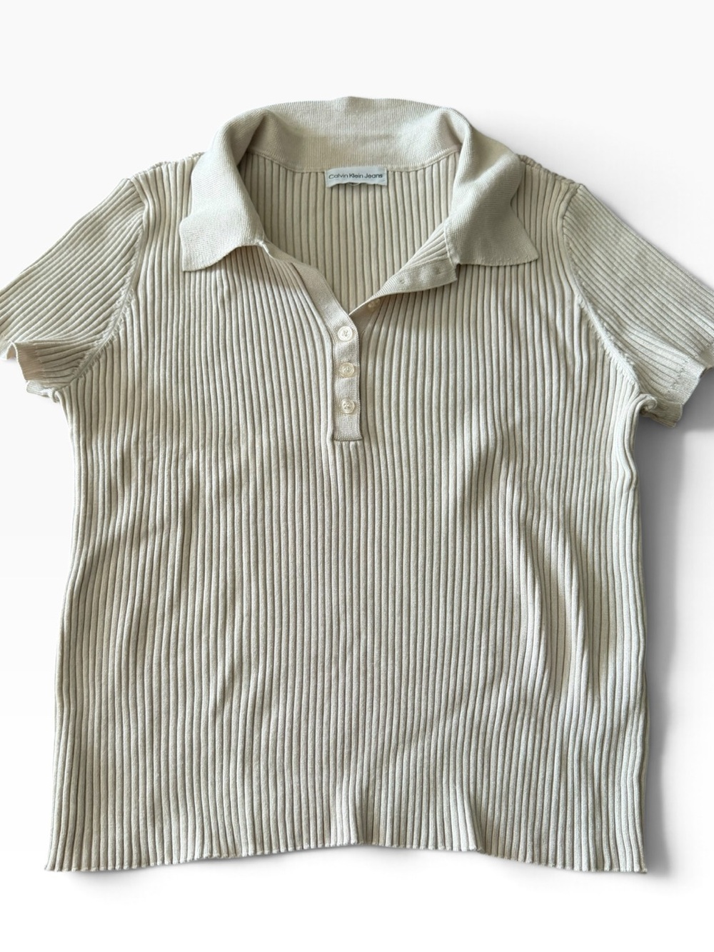Calvin Klein Jeans Short-Sleeve Ribbed Polo in Light Beige M-L